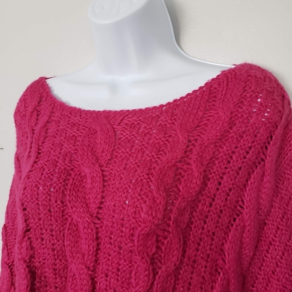 Pink Lily Small Oversized Cable Knit Sweater Wide Neck Magenta Fall Winter Cozy - Picture 3 of 7